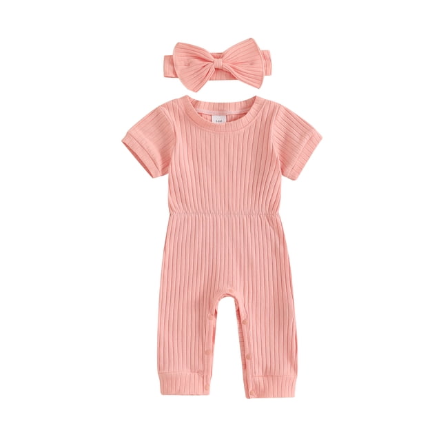 Gupgi Summer Newborn Girls Rib Romper 0-9 Months Baby Short Sleeve Solid Color Jumpsuit with Headband