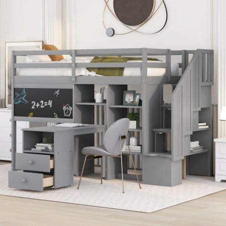 Twin Size Loft Bed with Pullable Desk  Storage Shelves  Staircase and Blackboard  Solid Wood Loft Bed Frame with Full-Length Guardrails Storage Bed for Kids Boys Girls No Box Spring Needed  Gray