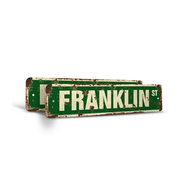 FRANKLIN Vintage Style Rustic Street Sign – (2 Pack) Childrens Name Room Sign Retro Decorative Wall Sign for Home, Bar, Garage, or Outdoor Use | 6" X 24" Plastic Road Sign