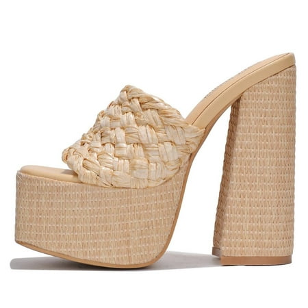 

Cape Robbin Yara Nude Braided Strap High Block Heel Slip On Heeled Sandals (Nude 6)