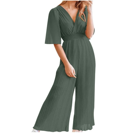 Women Elegant Jumpsuit Ladies Ribbed Wide Leg Playsuits High Elastic Waist V Neck One Piece Romper All In One Loose Overall Pants Short Sleeve Bodysuit Outfit for Casual Work Formal