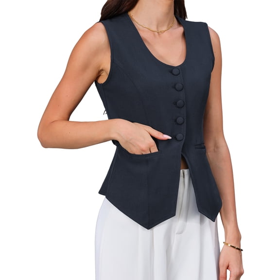 INSPIRE CHIC Women's Suit Vest Sleeveless U Neck Button Down Summer Business Casual Waistcoat Top S Dark Blue