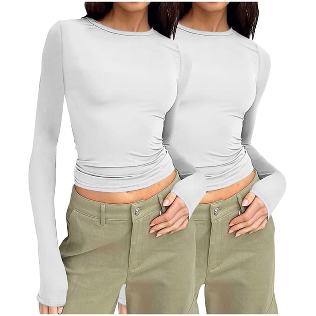 Pisexur 2 Pcs Hauts d'Automne pour Femmes Hauts à Manches Longues pour Femme Mode T-Shirts Courts à Col Rond Décontractés Ajustés Blouses Unies Chandails à Enfiler Hauts Basiques T-Shirts d'Automne