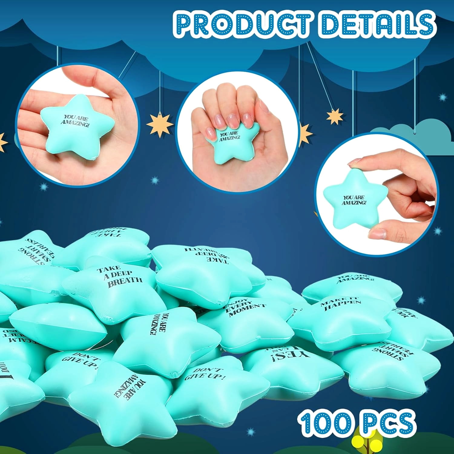 Inspirational Blue Star Stress Balls Set of 100 for Fidget Relief and Gifts