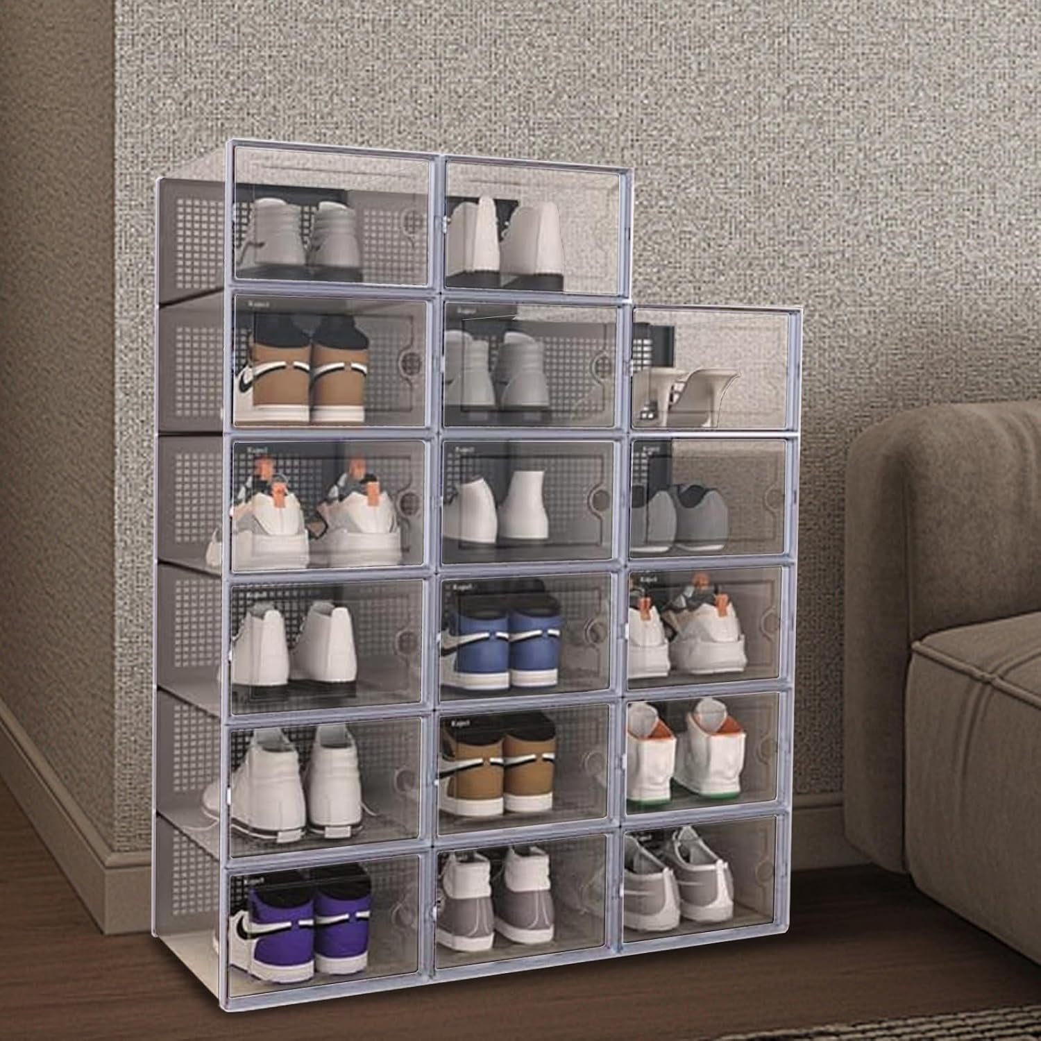 DQQKMM 12-Pack XL Shoe Storage Box, Clear Shoe box Plastic Stackable Shoe Organizer for Closet, Space Saving Foldable Shoe Rack Sneaker Container Bin Holder(gray)