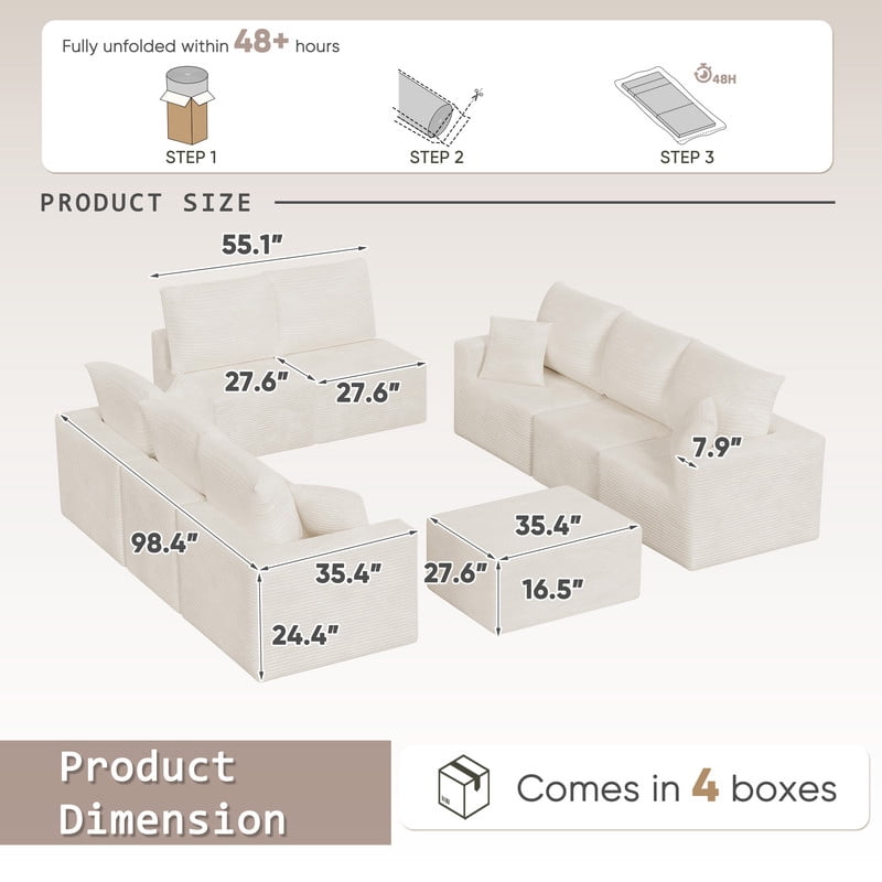 Lacoo Modular Sectional Sofa Set, Cloud-Like Corduroy Seating Couch with Ottoman & Pillows, Oversized L-Shaped Modular Sofa for Living Room, Home Theater, Beige