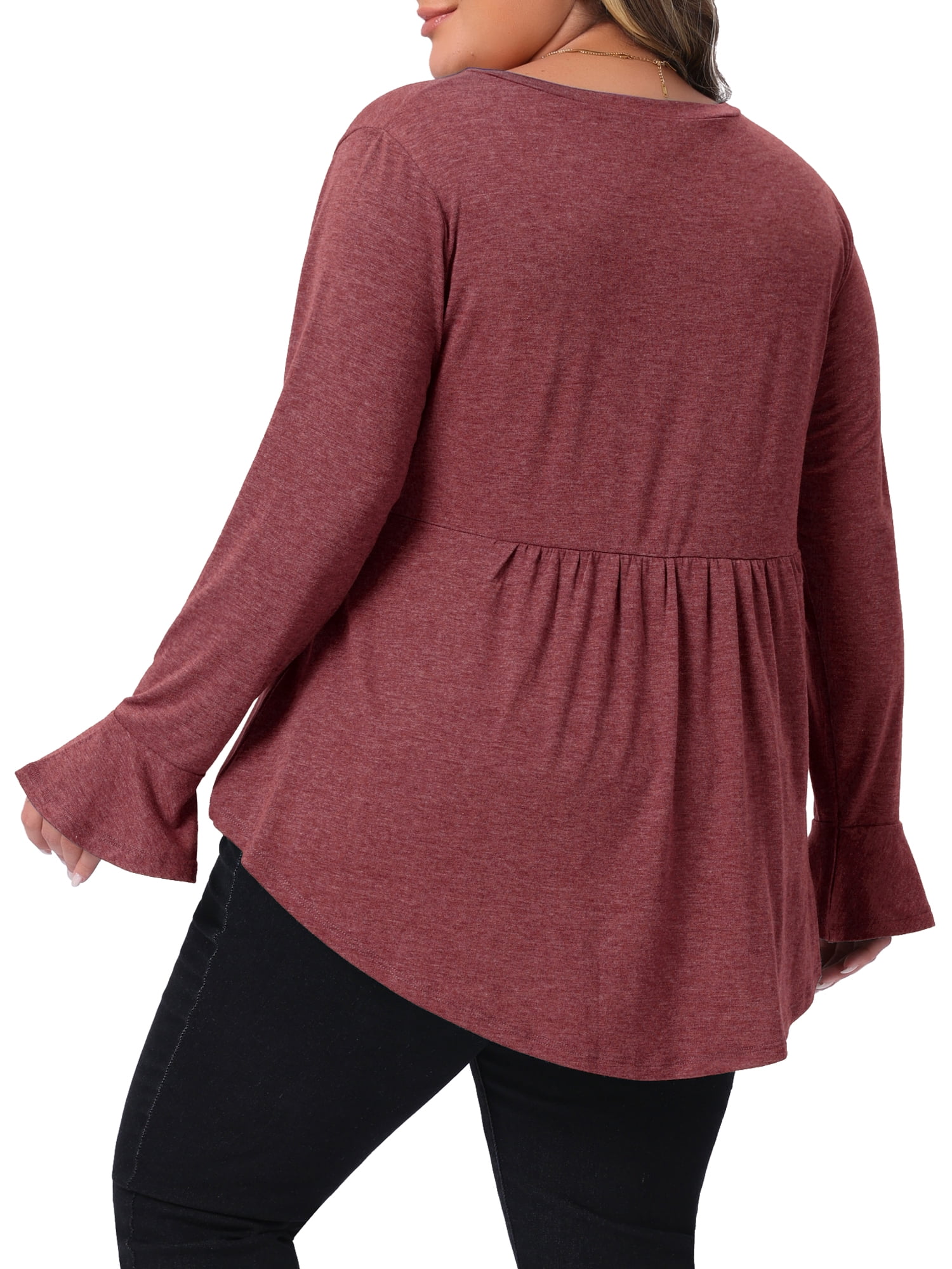 Women's Plus Long Sleeve Shirts Flared Sleeves Pullover Dressy Casual Peplum Tops 2X Burgundy