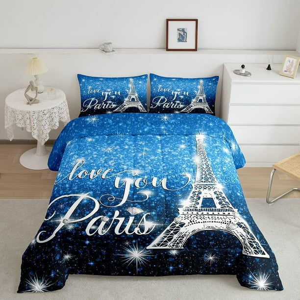 Girly Eiffel Tower Comforter Set Twin,Glitter Paris Bedding Set for