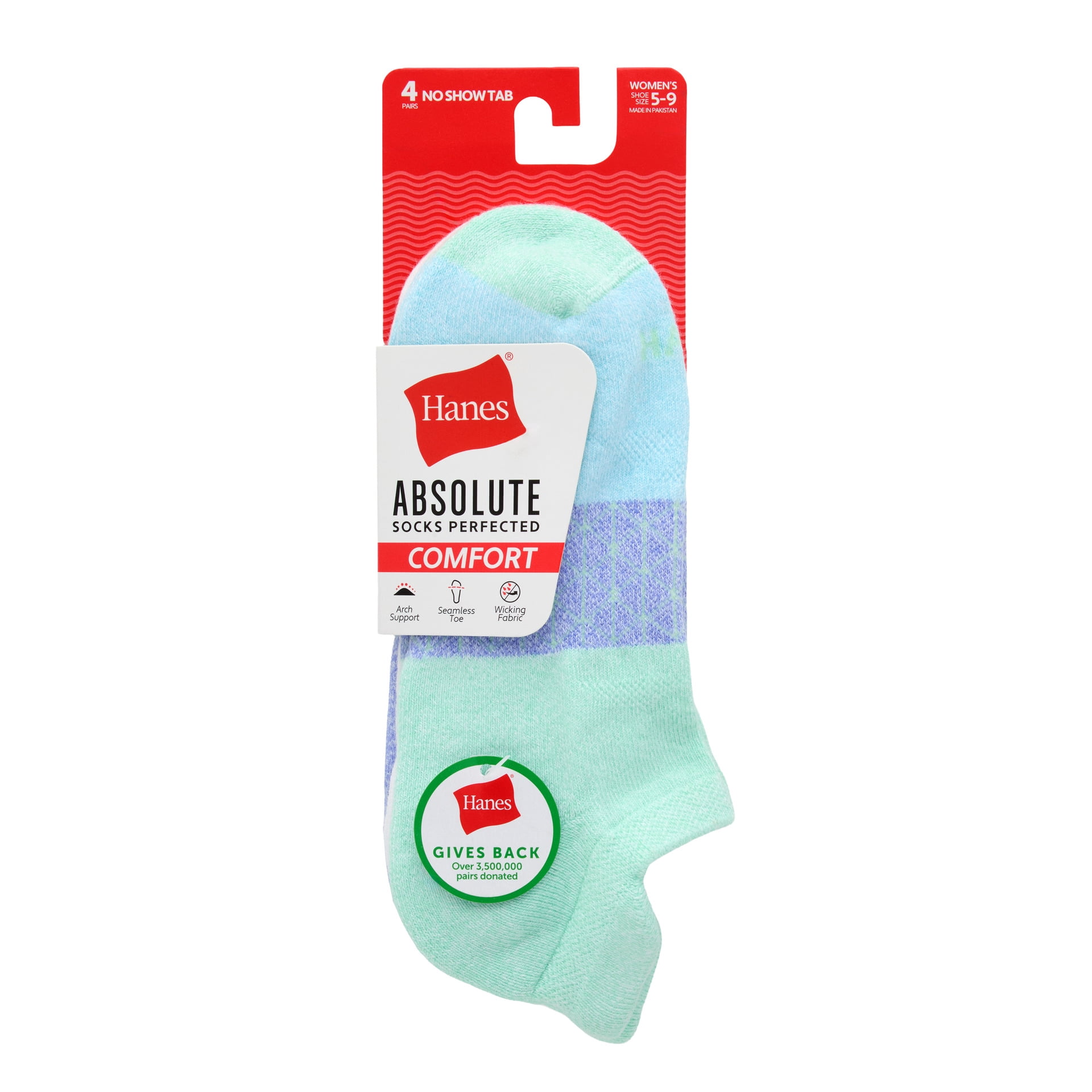 Hanes Womens Absolute Comfort No-Show Socks w/ Heel Shield, 4-Pack, Size 5-9