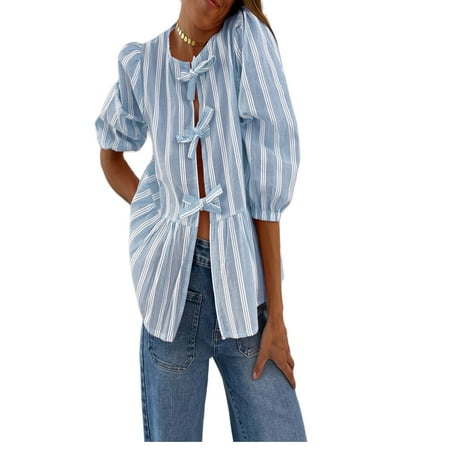 ZIYIXIN Y2k Peplum Shirt Puff Sleeve Tie Front Ruffle Hem Blouse Teen Girls Lace up Cute Babydoll Shirt Y2k Tops
