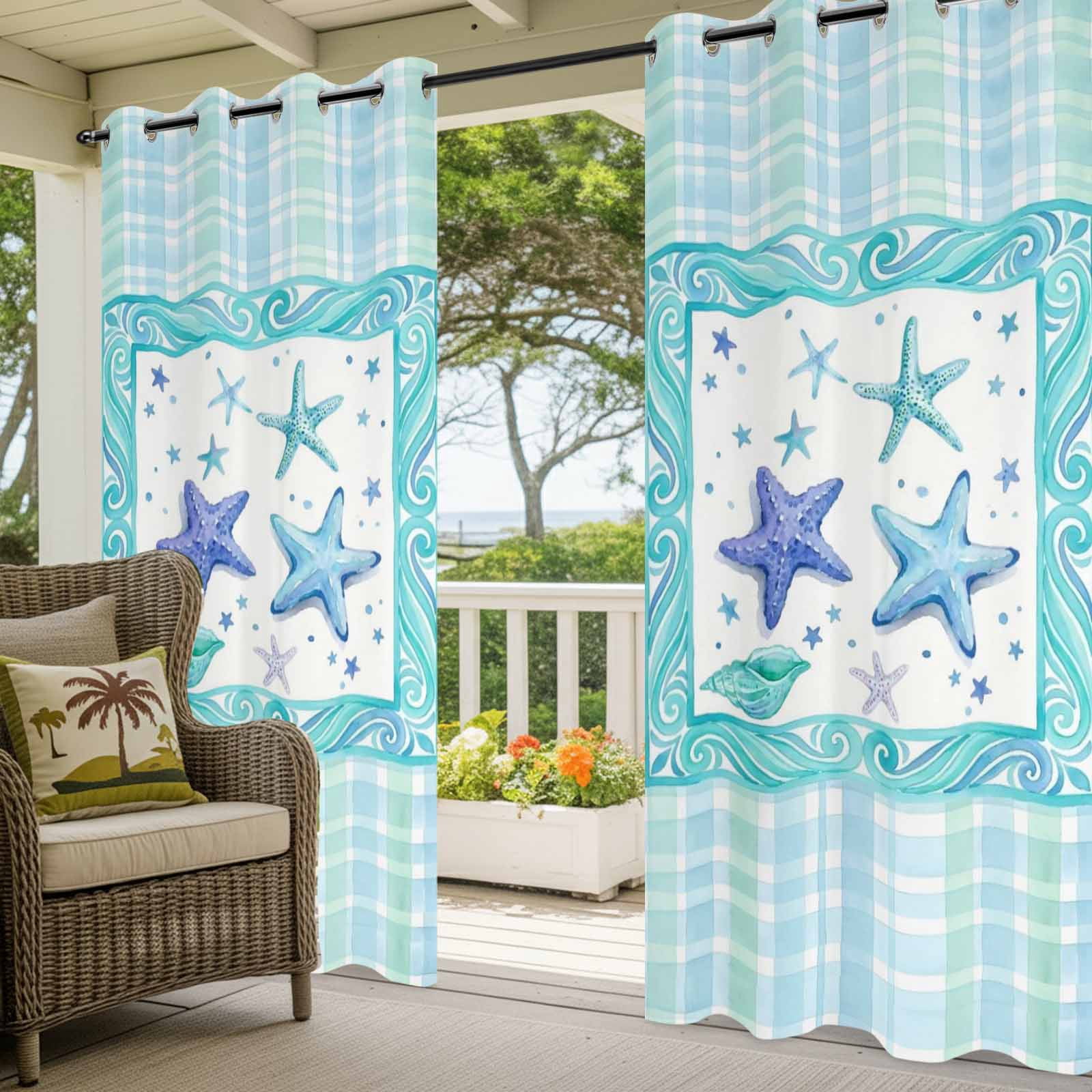 Summer Marine Life Outdoor Curtains for Patio, Watercolor Starfish Green Blue Border Plaid Sunshade Privacy Drapes Grommet Waterproof Outside Curtains for Porch/Cabana/Balcony 54"x 108", 1 Panel