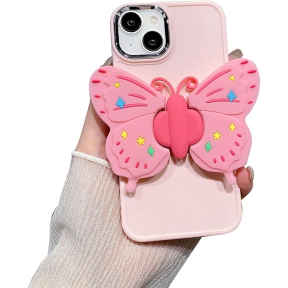Cute Solid Color Phone Case with Butterfly Wing Holder for iPhone Compatible with iPhone 14 Plus, Sakura Pink