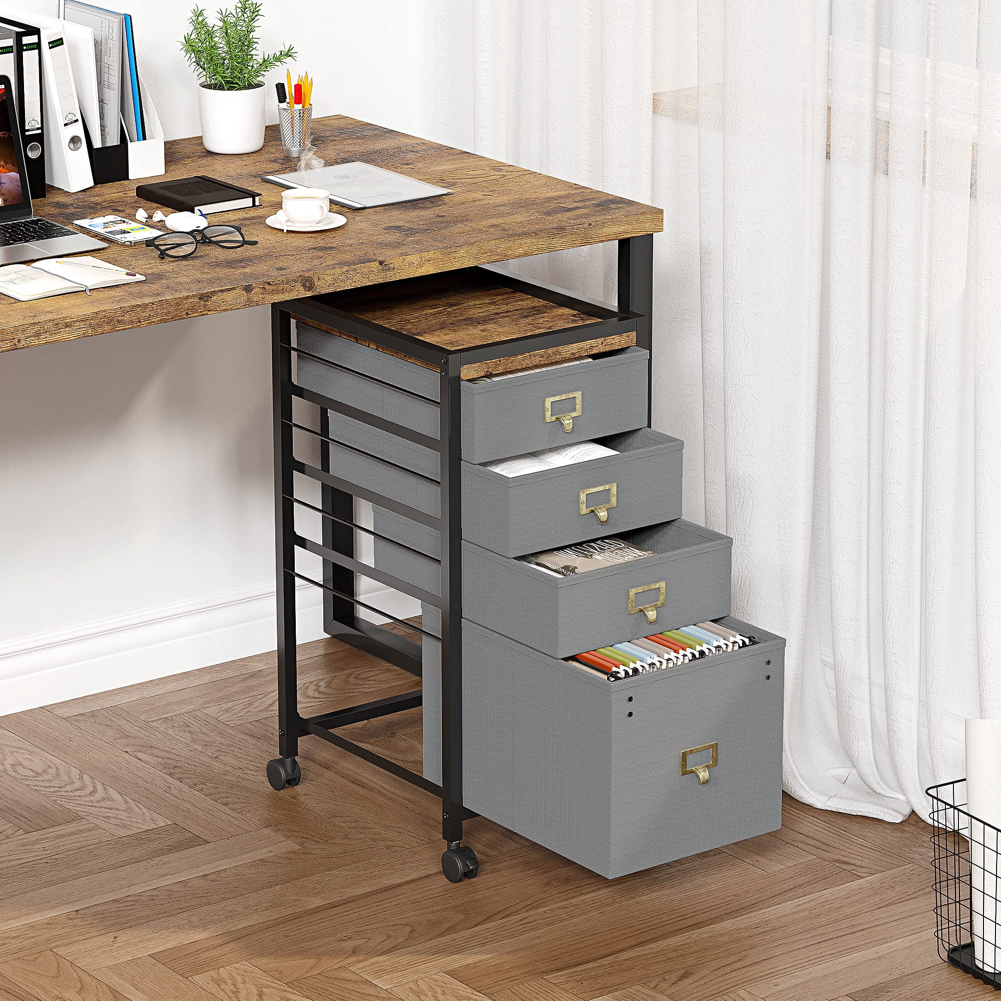 File Cabinet with Drawers, Mobile Filing Cabinet Rolling Printer Stand Fits A4 or Letter Size, Fabric Vertical File Cabinet with Wheels, Under Desk Storage Cabinet for Home Office