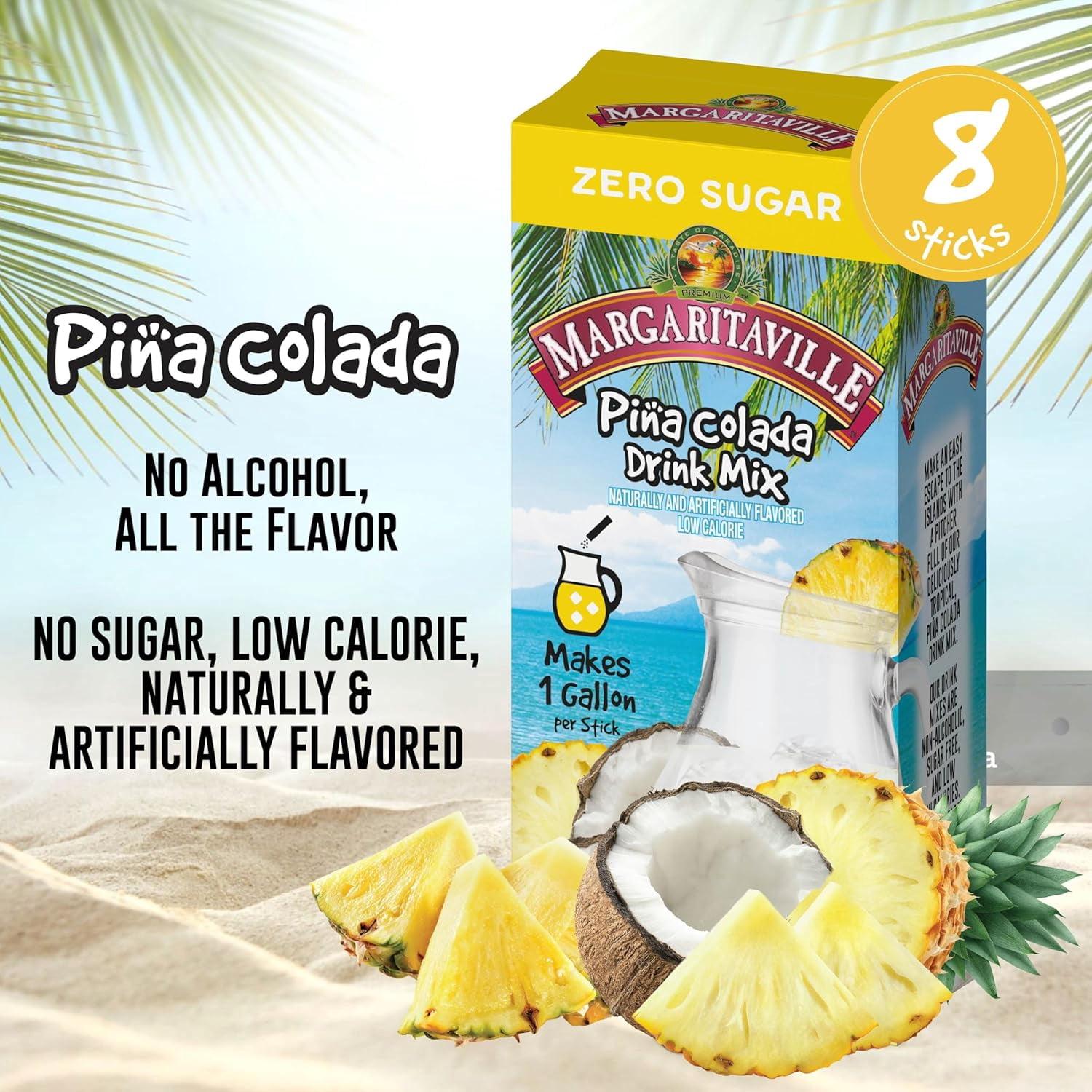 Margaritaville Sugar Free Powdered Drink Mix, Piña Colada, 8 Count Gallon Pitcher Packets