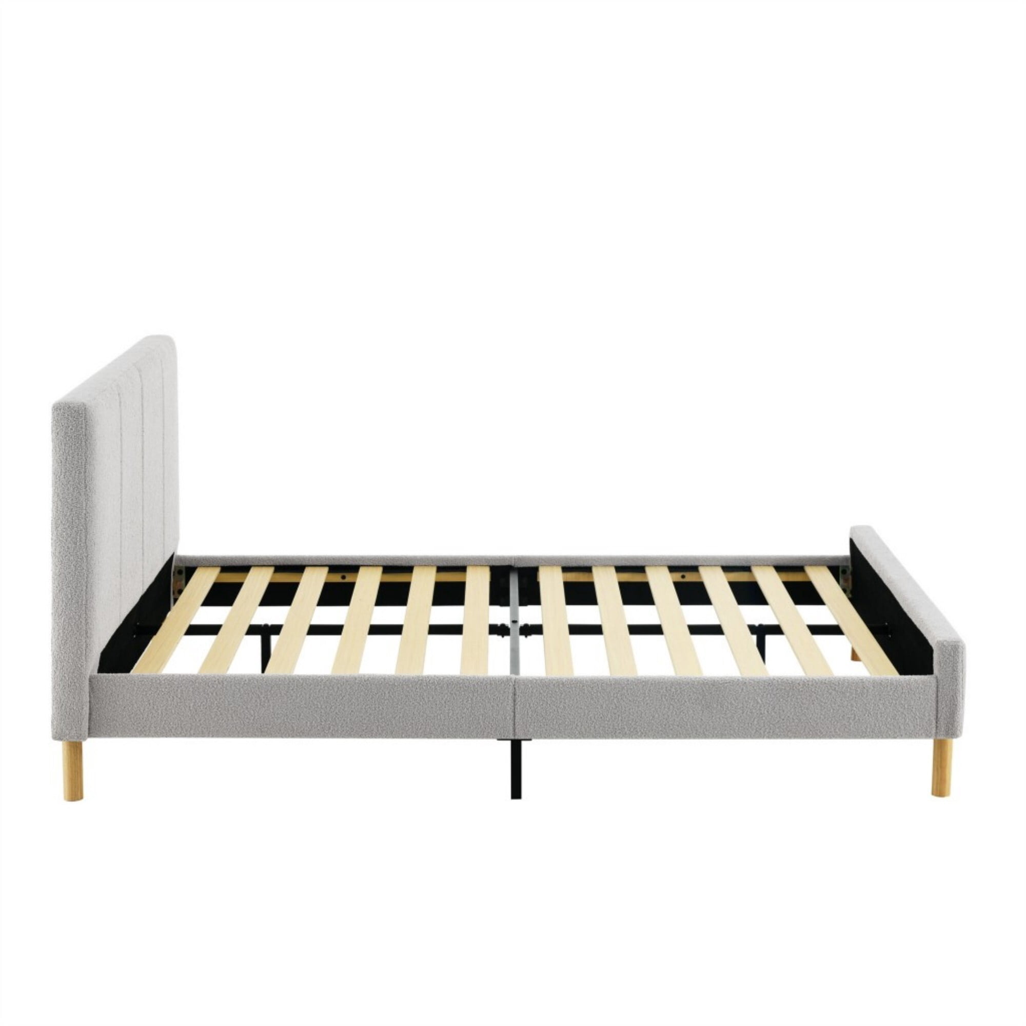 AENKYO Queen Size Upholstered Platform Bed Frame with Soft Teddy Velvet Headboard, No Box Spring Needed, Gray