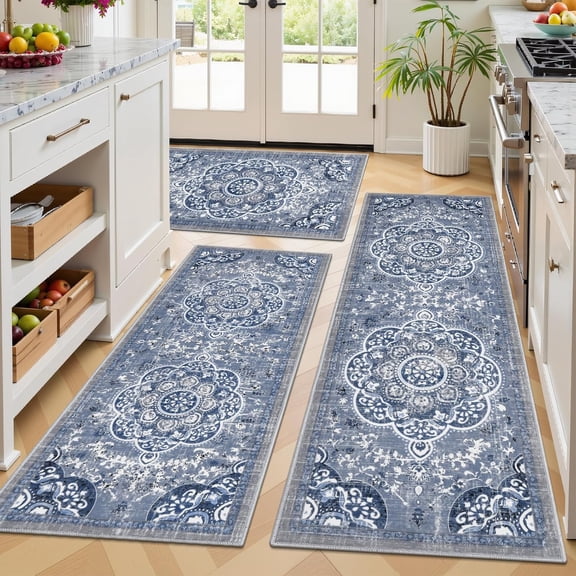 Boho Kitchen Rugs Sets 3 Piece with Runner Floral Kitchen Floor Mat Carpet Farmhouse Kitchen Rugs and Mats Non Skid Washable Runner Rug for Kitchen Floor Office Sink Laundry, Blue