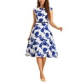 thumbnail image 2 of INSPIRE CHIC Women's Floarl Boat Neck Cap Sleeve Belt A-Line 50s Vintage Midi Dresses XS White Blue, 2 of 6