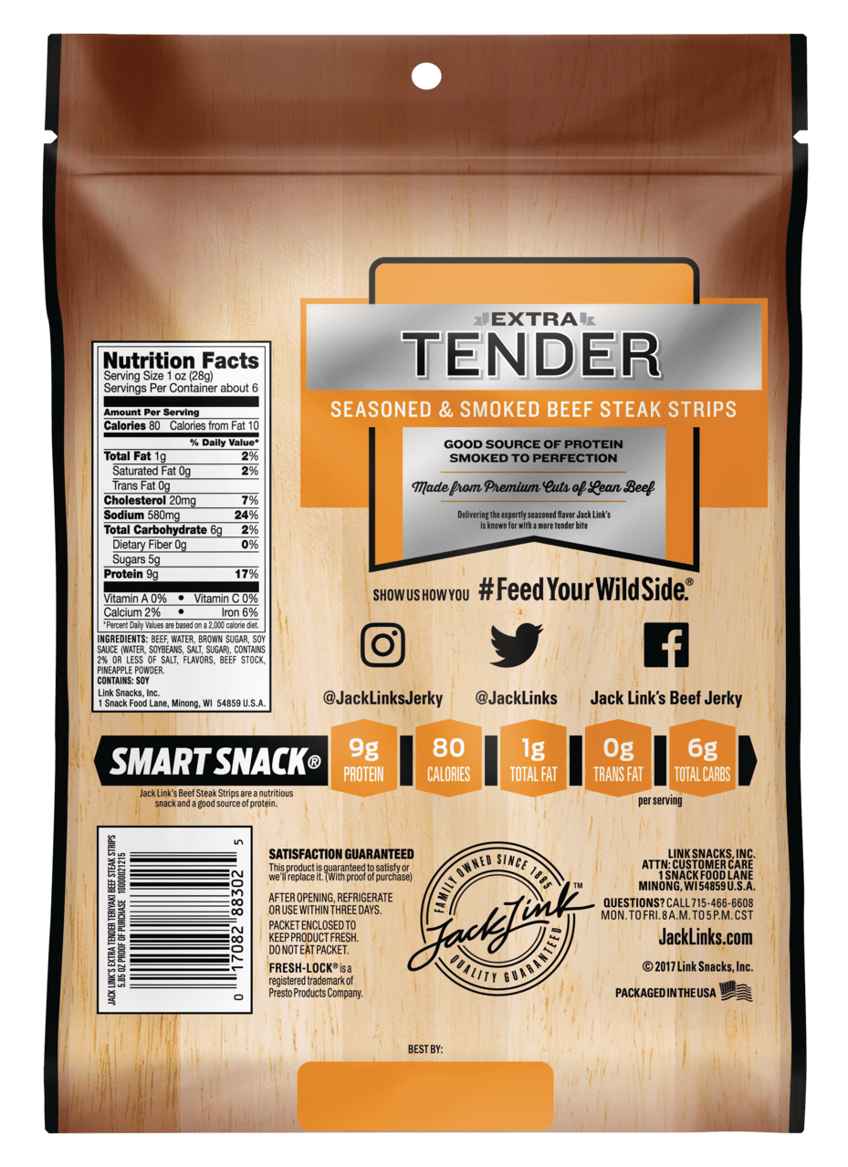 Jack Link's 100% Beef Teriyaki Beef Steak Strips 5.85oz Resealable Bag