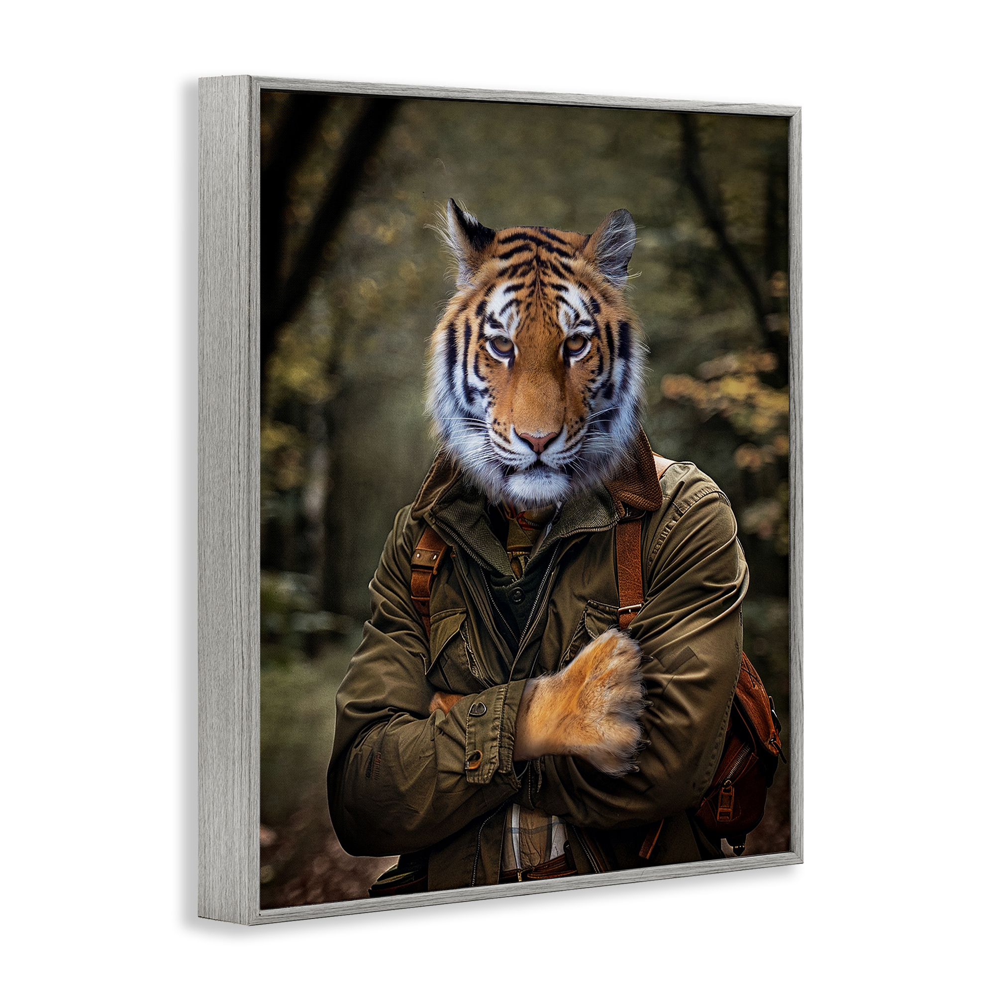 Stupell Industries Tiger in Hiking Attire Animals & Insects Painting Gray Framed Art Print Wall Art, 11 x 14