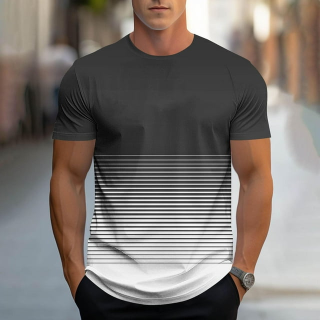 Tops para hombre, blusas y camisas de manga corta con cuello redondo para hombre, camiseta deportiva informal con estampado de rayas degradadas a la moda para hombre, blusa de poliéster de manga corta