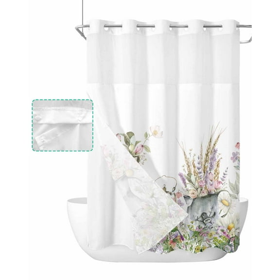 No Hook Shower Curtain with Snap in Liner, Summer Watercolor Pink Flowers with Leaves White Hotel Shower Curtains for Bathroom, Washable Shower Curtain Liner Set with Mesh Top Window, 48"x72"