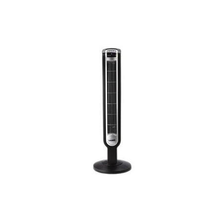 The Lasko 2511 36 In. Tower Fan with Remote Control, in black, is a slim, vertical fan that takes up minimal floor space