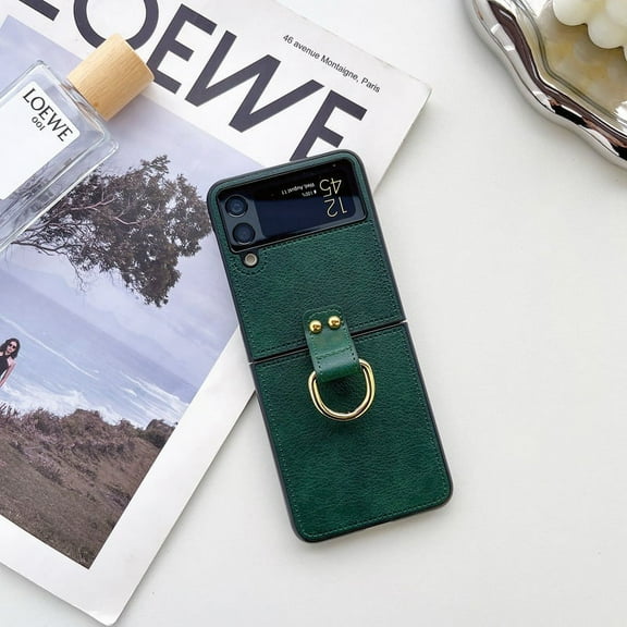 Luxury Leather Case Compatible with Samsung Galaxy Z Flip 3 with Ring Holder Ultra Thin Shockproof Case-Green