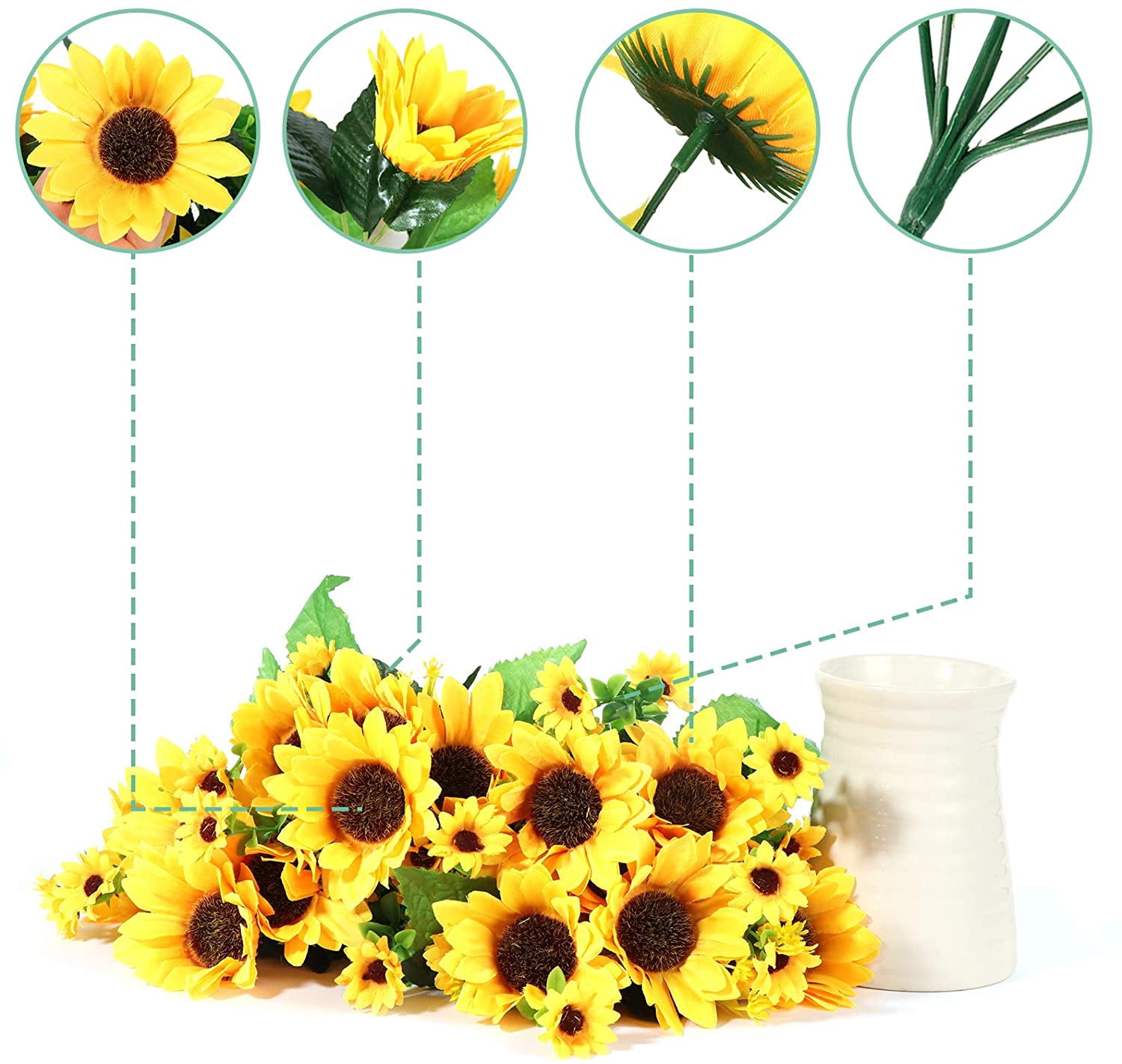 Fall Artificial Flowers in Ceramics Vase, Silk Flower Arrangements, Faux Sunflowers Bouquets with Vase for Desktop Decoration (Ripple Ceramic Sunflower)
