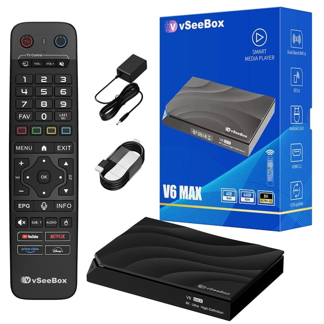 Vseebox V6 Max Version Voice Control, 8K HDMI, Android 14, 4GB RAM, 64GB Storage