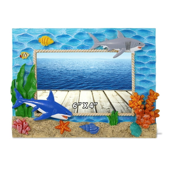 CoTa Global Shark 4x6 Nautical Frame - Colorful Nautical Shark Photo Frame for Summer Vacation Memory, Handmade Tropical Shark Nautical Picture Frame For Tabletop or Wall Hang - 6 Inches