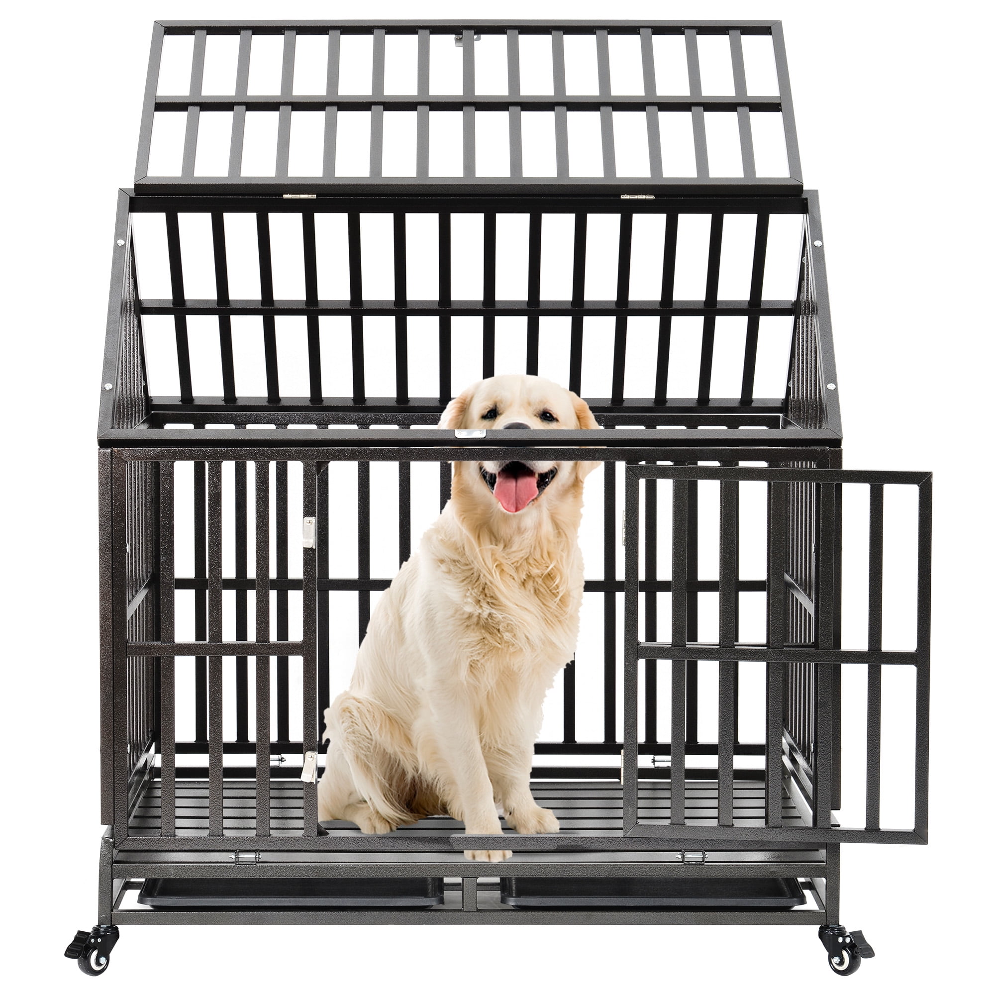Large Dogs Cage with Wheels, Double Door Metal Dog Crate Cage with Roof
