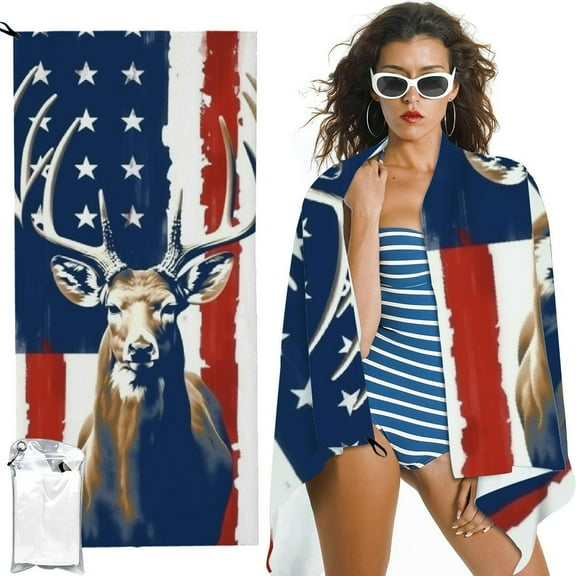 BCIIG Beach Towel, Hunting Deer USA Flag Beach Towel Oversized Sand Proof Absorbent, Quick-Dry Bath Pool Swim Towel for Shower Spa Vacation, 27.5x55in