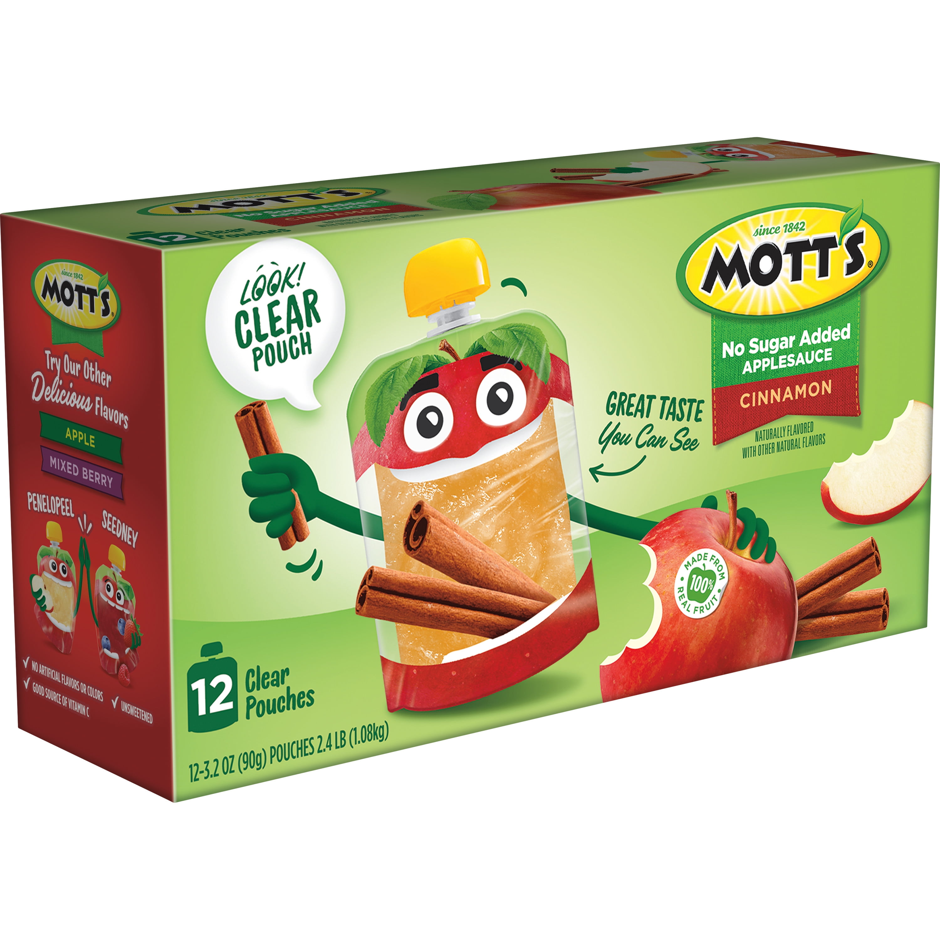 Mott's No Sugar Added Cinnamon Applesauce, 3.2 oz, 48 Count Clear Pouches (4 Packs of 12)
