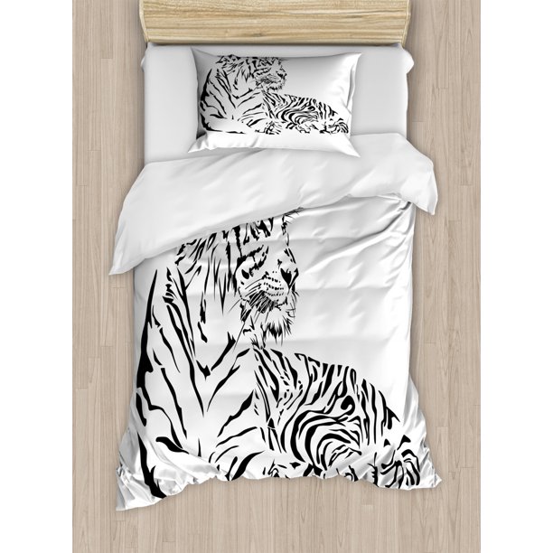 White Tiger Duvet Cover Set Twin Size, African Wilderness Theme with