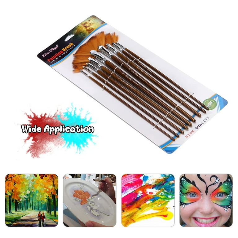Wode Shop 9 Pieces Artist Fan Brushes Set, Nylon Hair Wood Long Handle Paint Brush for Acrylic Watercolor Oil Painting