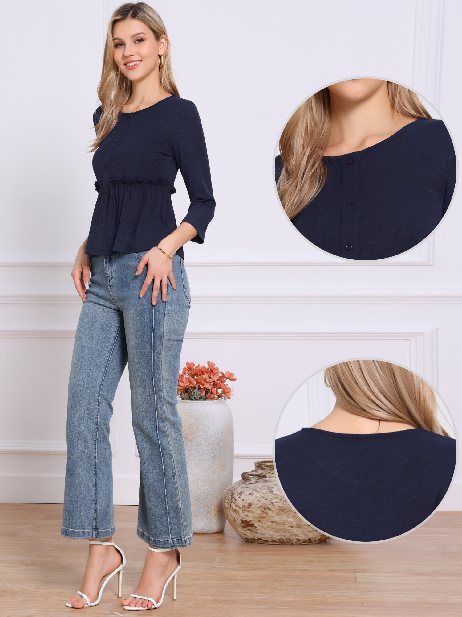 DARING DIVA Women's Peplum Crew Neck 3/4 Sleeve Ruffle Pullover Blouses L Dark Blue