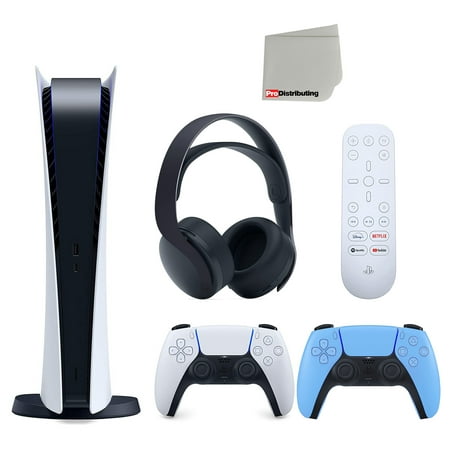 Sony Playstation 5 Disc Version (Sony PS5 Disc) with Extra Starlight Blue Controller, Black PULSE 3D Headset and and Media Remote Bundle with Cleaning Cloth