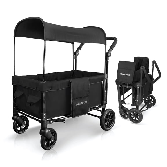 WONDERFOLD W1 Original Stroller Wagon (2 Seater) - Wagon Stroller with Seats with 5-Point Harnesses, Adjustable Push Handle, and Sun Canopy, Jet Black