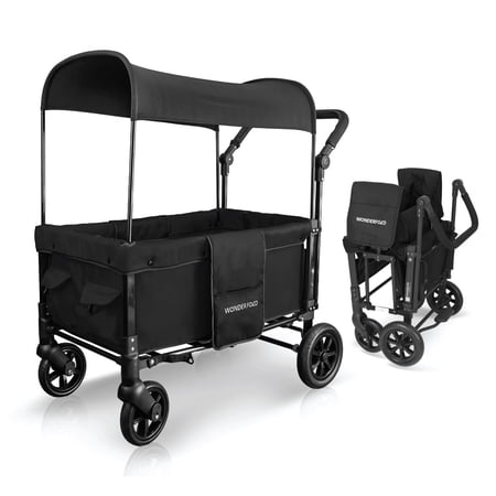 WONDERFOLD W1 Original Stroller Wagon (2 Seater) - Wagon Stroller with Seats with 5-Point Harnesses, Adjustable Push Handle, and Sun Canopy, Jet Black
