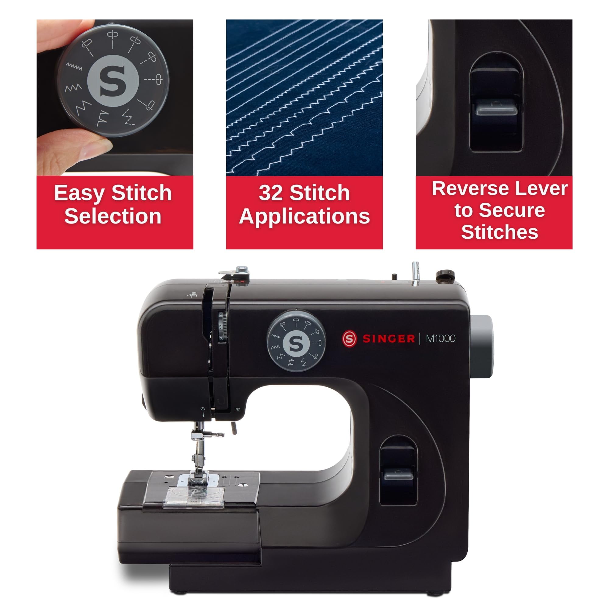 SINGER M1000 Mending Machine (Black) Compact, Lightweight & Portable With LED Light | 4 Built in stitches delivers 32 Stitch Applications | Great for Light to Medium Weight Fabrics & Repairs