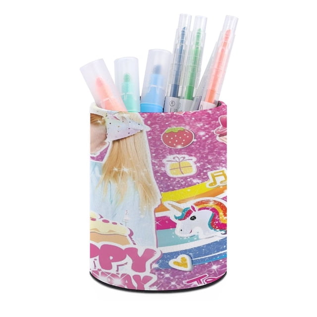 JOJO Siwa-theme Cylinder Pen Holder Pencil Organizer with Flannel Lining PVC Leather Material Cardboard Base for study work 10*8CM