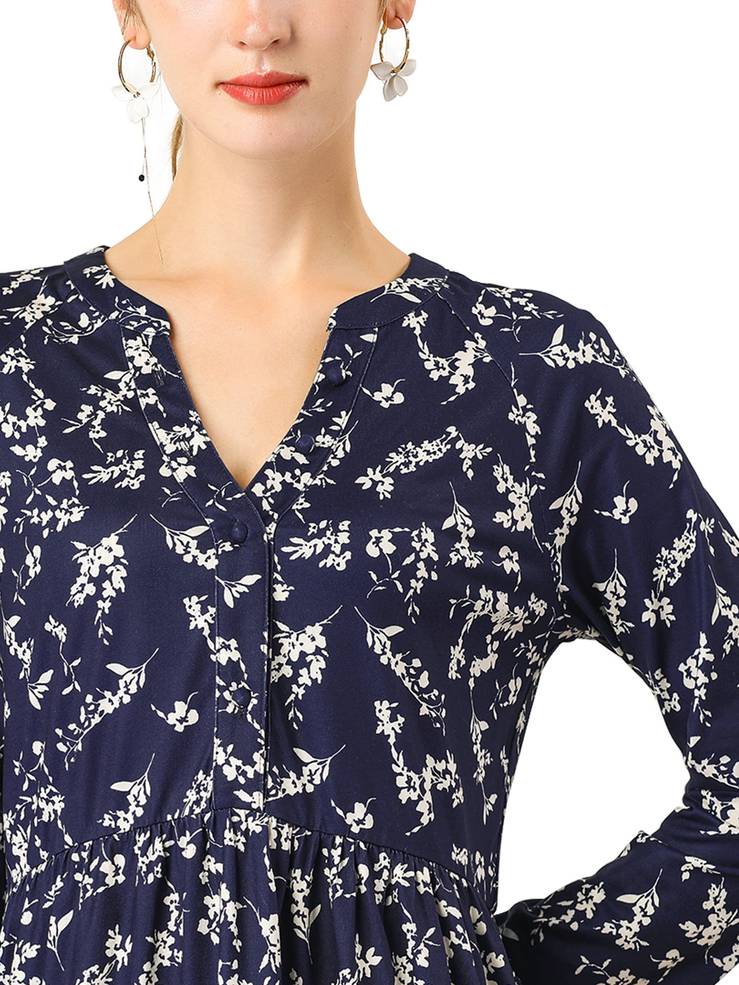 Unique Bargains Women's Floral V Neck Cinched Waist Long Sleeve Dress M Navy Blue