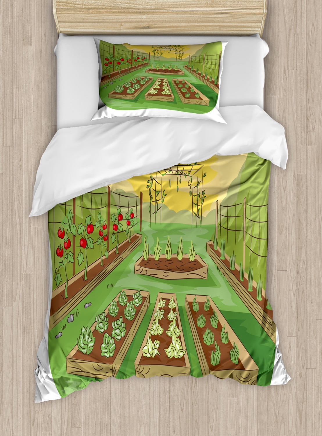 Farm Duvet Cover Set, Harvest Illustration of a Garden with Fruits and