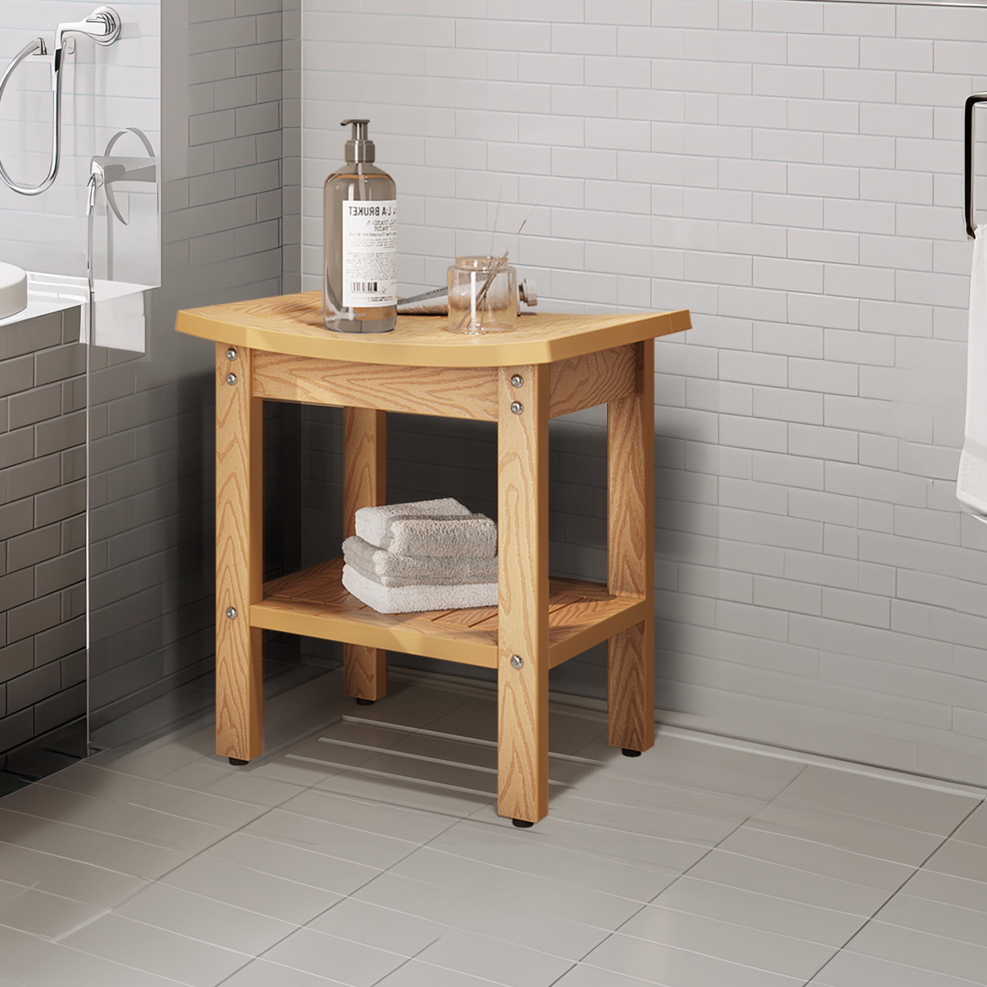 Dextrus Poly Lumber Shower Bench,2-Tier Waterproof Shower Stool,Bamboo Shower Chair for Bathtub,Natural Wood