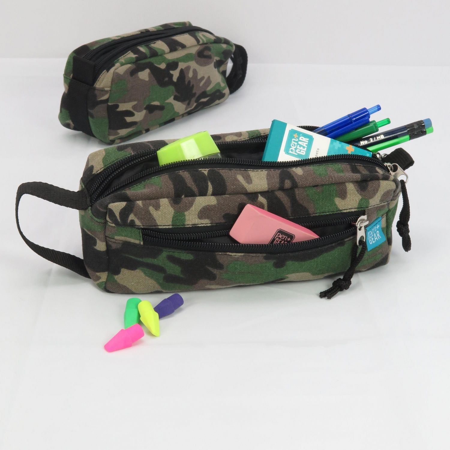 PEN+GEAR 3 ZIPPER COMPARTMENTS PENCIL CASE, GREEN CAMO