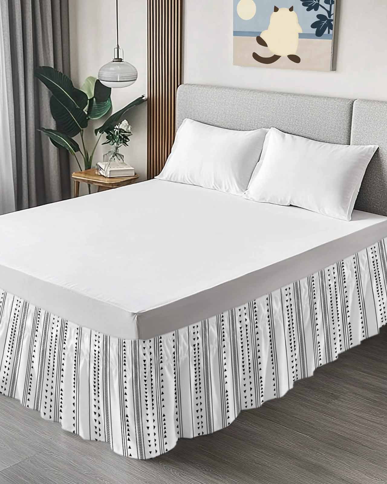 White Boho Bed Skirt Queen Size 16 Inch Drop, Geometric Adjustable Elastic Dust Ruffles Bedskirt for Queen Bed Wrap Around Pleated Mattress Frame Cover