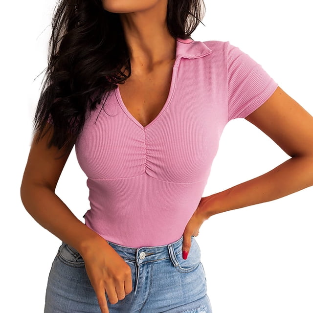 B91xZ Hauts d'Été pour Femmes 2024 Col Rond Manches Courtes Pull, Rose S