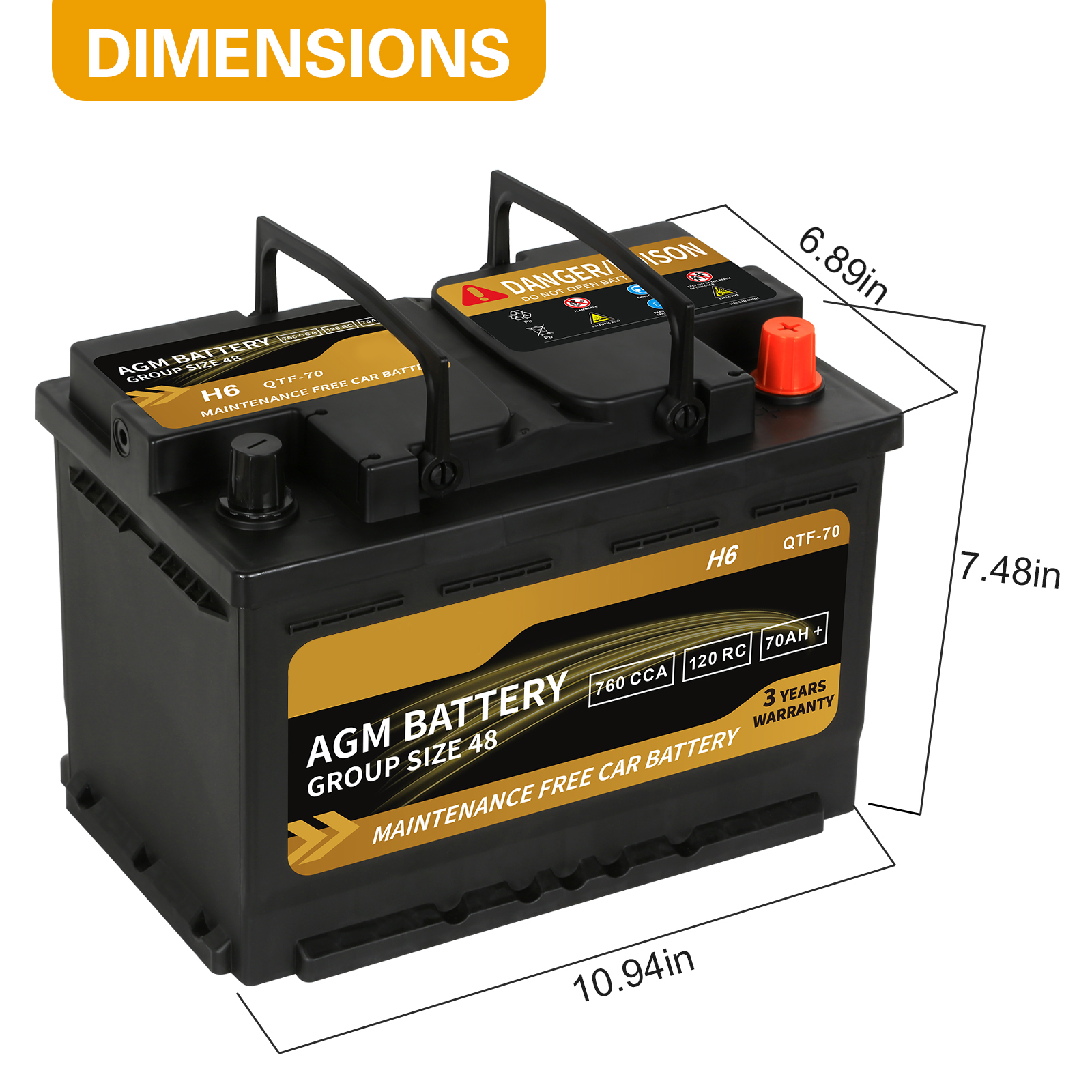 Weize Platinum AGM Battery, BCI Group 48 H6 Automotive Battery, 12 Volts, 760 CCA, 120 RC