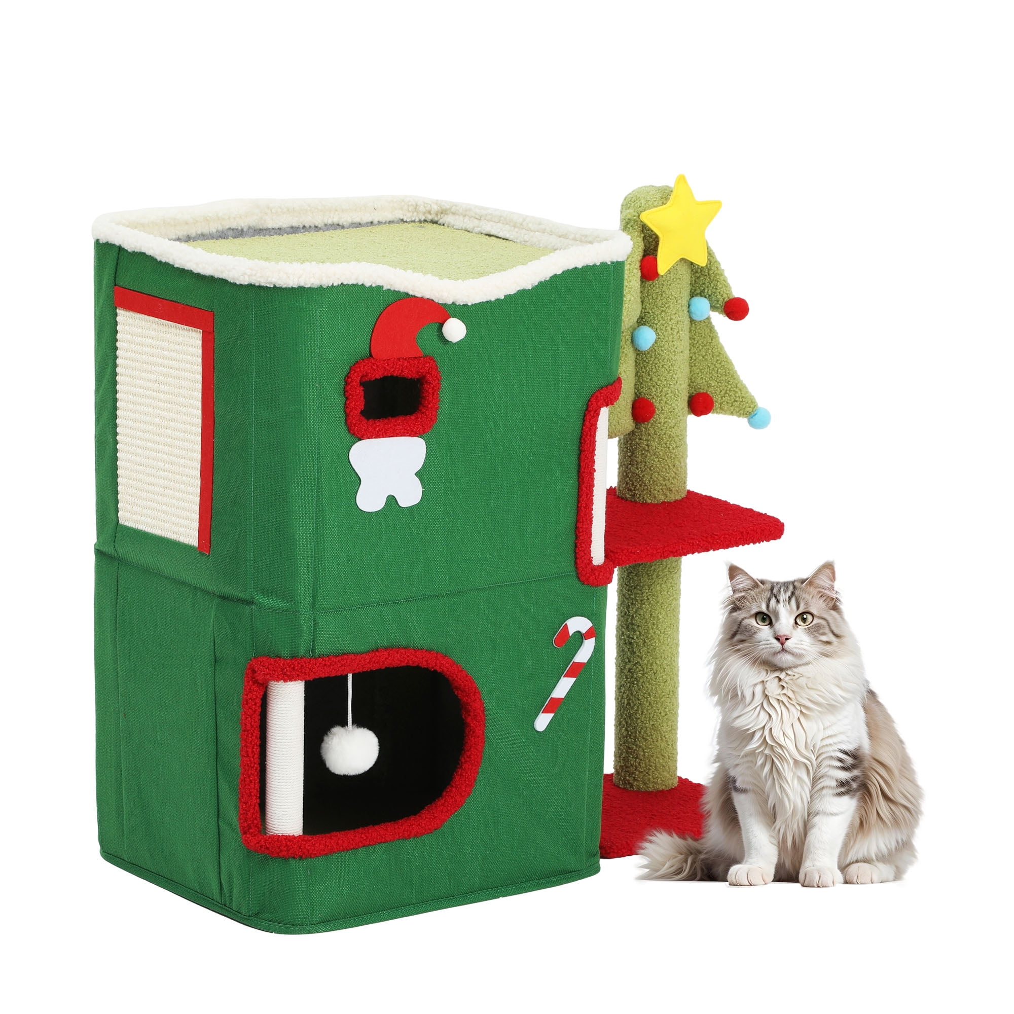 Uforic 2-Level Christmas Cat House, Indoor Cat Play House with Scratching Posts & Hideaway Cave& Hanging Plush Balls, Green