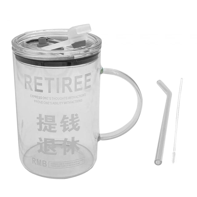 Taza de café de vidrio con pajita de 1000 ml con pajita y tapa. JUBILADO